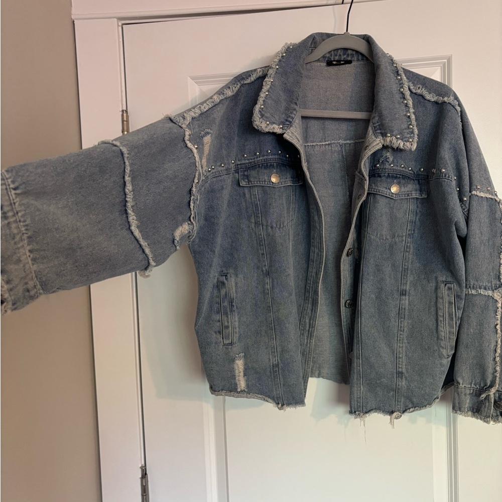 Miss Me Blue Jean Jacket with Cropped Fit and Distressed Details